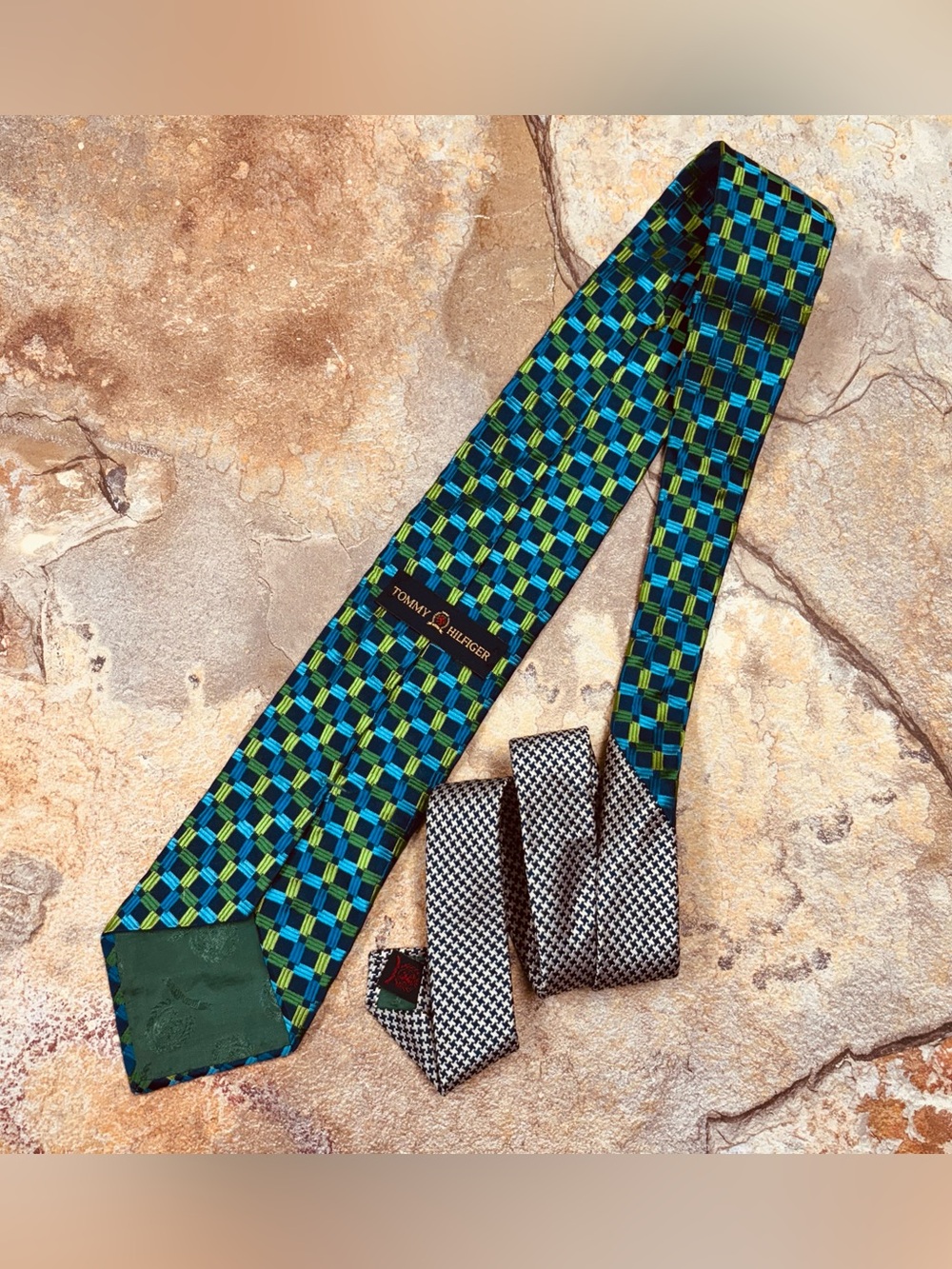 Tommy Hilfiger Silk Tie | Blue Green Checkered Preppy Menswear